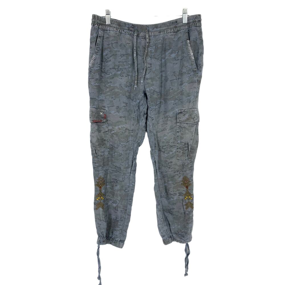 Pam & Gela Pant Women's Sz M Camo Jogger Elastic Waist with Drawstring Blue Gray